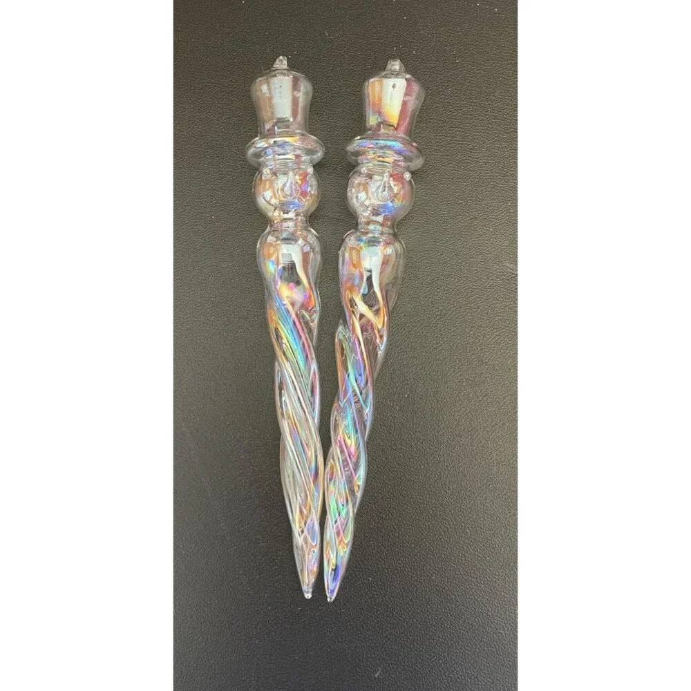 Pier 1 Set Of 2 Handblown Iridescent Glass Spiral Snowman Icicles‎ Ornaments 8"